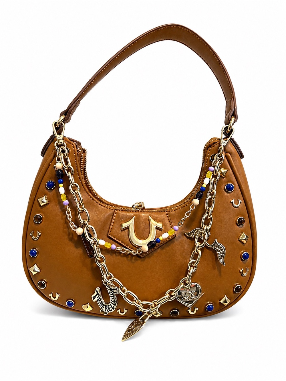 Brown Embellished Shoulder Bag with Gold Hardware